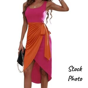 Salanta Wrap Side-Tie Scoop Neck Midi Asymmetrical Tank Dress Size L